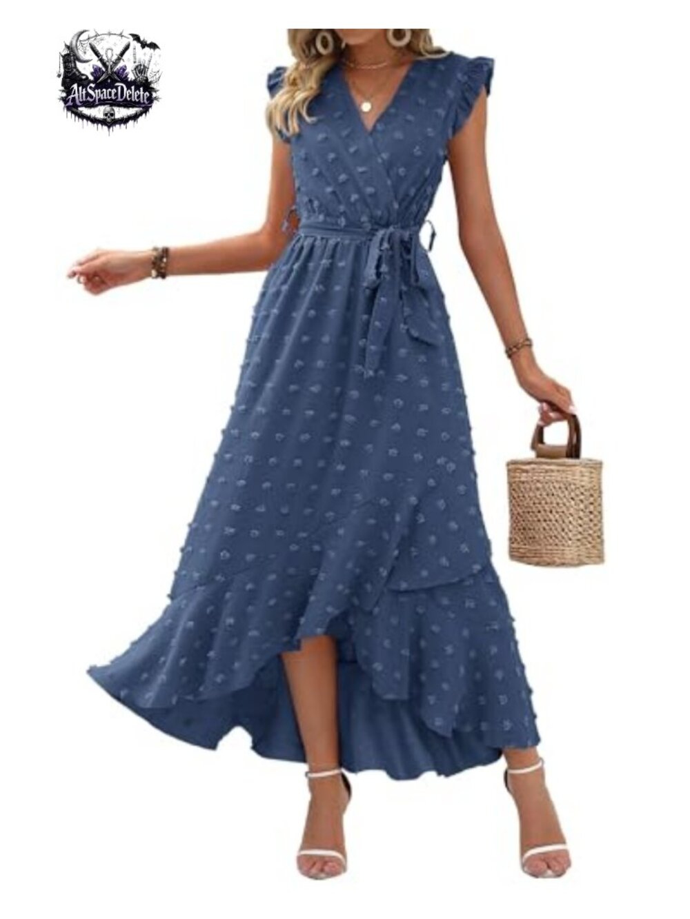 Swiss Dot Maxi Dress V-Neck Ruffle Cap Sleeve Tie Waist